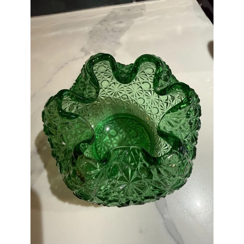 Green Daisy Button Glass Rose Bowl Vase with Ruffled/Crimped Rim Candle Holder